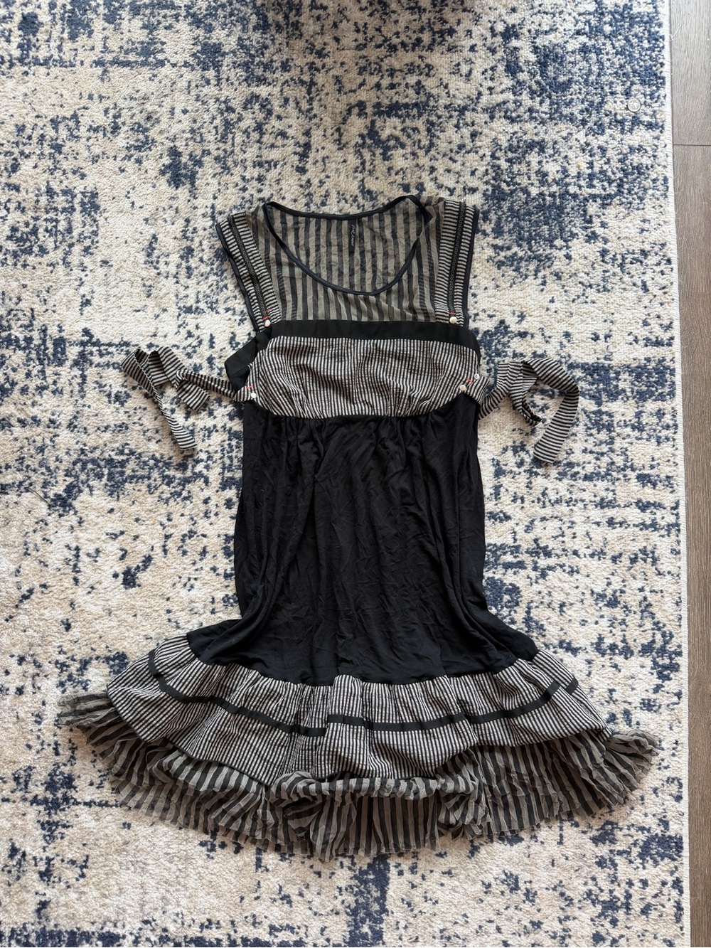 Black & White Striped Midi Dress with Ruffle Hem and Sheer Yoke